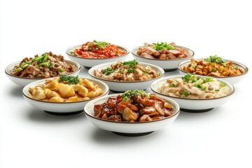 Delicious assortment of Asian dishes served in small bowls on white background