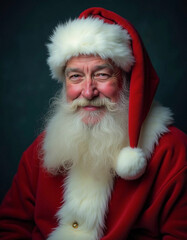 Naklejka premium A man with a white beard and a red hat with a white pom pom on it is smiling. He is wearing a red jacket and he is a Santa Claus
