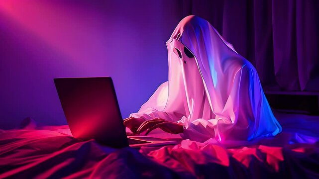 A ghostly figure in a white sheet types on a laptop in a dimly lit, colorful room.