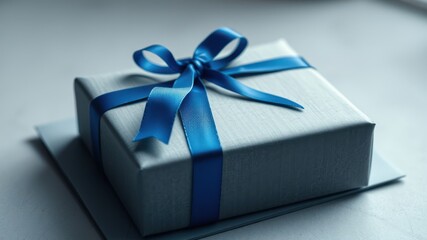 A gift box with a blue ribbon, ready for a special occasion, conveying joy and anticipation