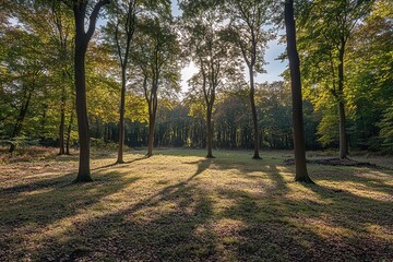 Sunlight filters through tall trees, casting gentle shadows on s