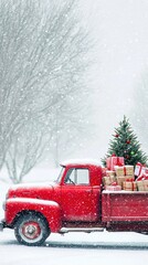Snowy Christmas Scene Red Truck Gifts Tree