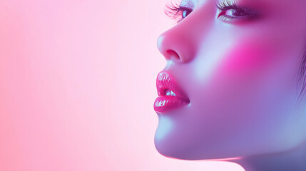 New Year, Christmas minimalist cosmetology banner with copy space, clean background, Asian woman, beauty industry