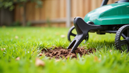 Obraz premium Focused shot of lawn aeration tool creating holes in grass with soil