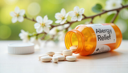 Antihistamine Pills Spilling from Bottle with Allergy Relief Label