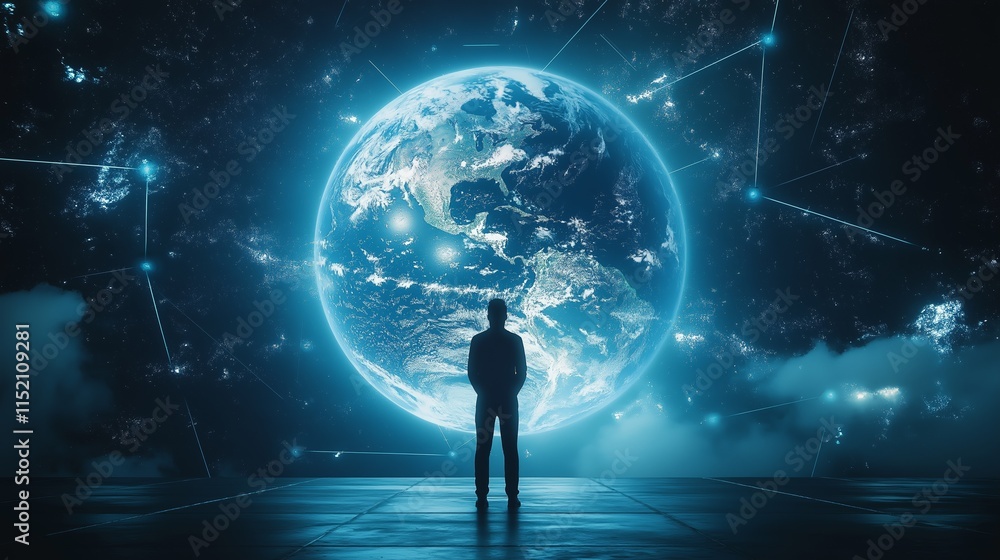 Wall mural a silhouette of a scientist observing a glowing earth surrounded by cosmic elements in a minimalisti