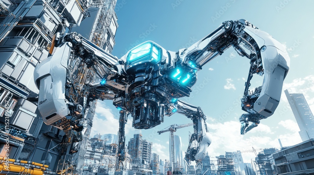 Poster a robotic crane with a metallic design equipped with several arms operates on a high-tech constructi