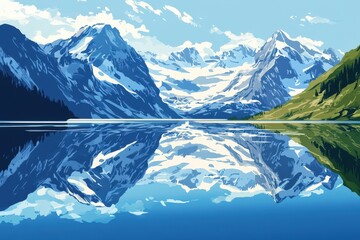 Majestic snow capped mountains reflected in a tranquil lake