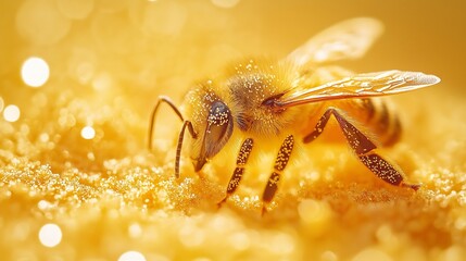 Extreme macro shot of a bee on golden pollen, showcasing intricate details and textures