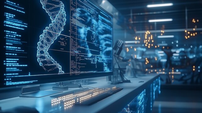 A minimalistic lab setup featuring a computer displaying DNA sequences and data analytics in a modern, dimly lit environment