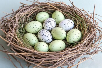 Obraz premium Nest with speckled eggs on a natural background. Perfect for nature and wildlife themes.