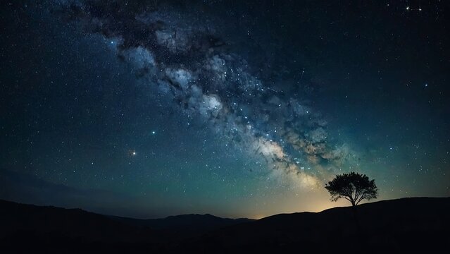 Starry night sky above rolling hills with silhouetted tree at twilight