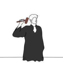 male judge swinging gavel standing - one line art. concept man in black judge uniform with white collar announcing verdict, justice