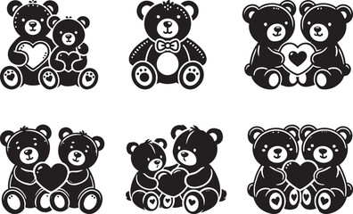 Teddy Bear with heart set silhouette vector illustration design