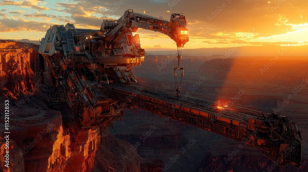 Poster a robot crane with automatic control system, building a bridge over the sunset canyon, background wa