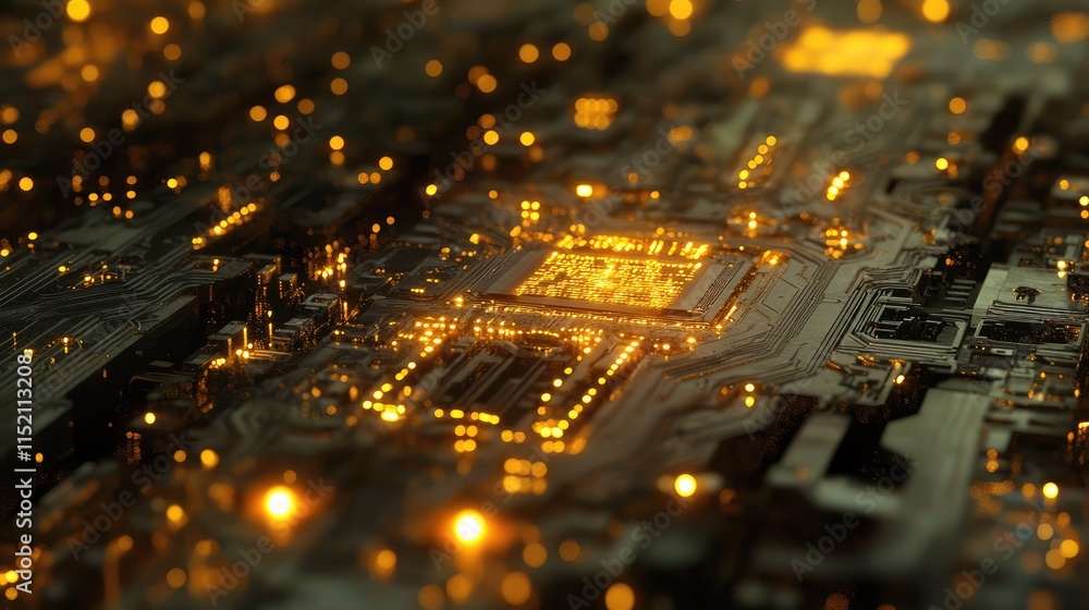 Poster a detailed view of a digital microchip on a circuit board, with intricate etched pathways and glowin