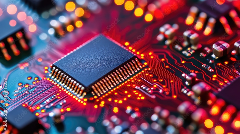 Poster a detailed view of a digital microchip on a circuit board, with intricate etched pathways and glowin
