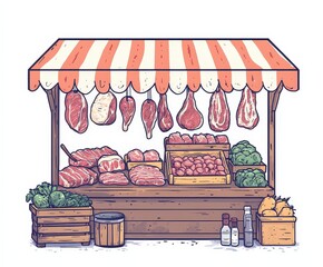 A cartoon drawing of a butcher shop with a sign that says "Fresh Meat"