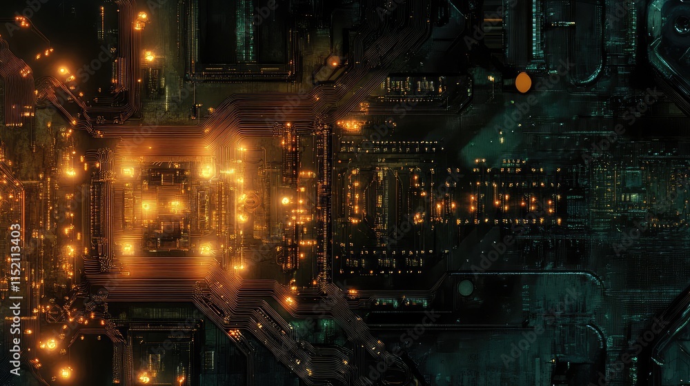 Poster a detailed view of a digital microchip on a circuit board, with intricate etched pathways and glowin