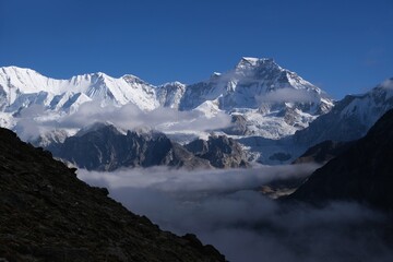 Amazing mountain panorama of Himalayas from peak Gokyo Ri. Gokyo is famous region of Himalayas, Nepal