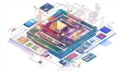Fototapeta premium A diagrammatic illustration of microchip architecture, highlighting core processors, memory modules, and interconnected pathways