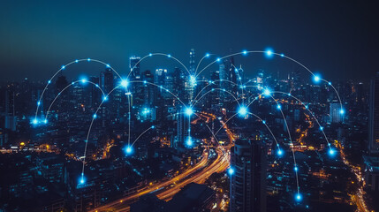Fototapeta premium Smart digital city with connection cyber security network reciprocity over the cityscape . future smart wireless digital city and social media networking systems that connects people within the city