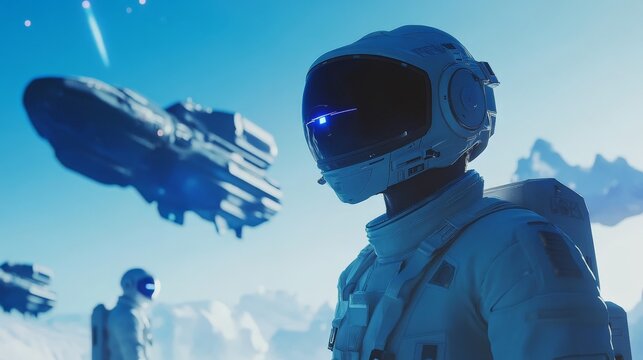 Futuristic space exploration with astronauts in advanced suits