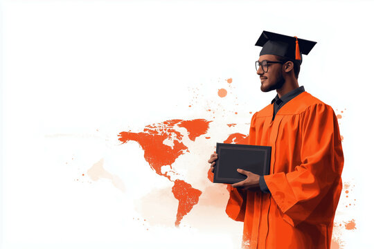 A clean and minimal illustration of a graduation ceremony, with a student holding a diploma and standing before a world map. The design symbolizes global recognition and success in education.