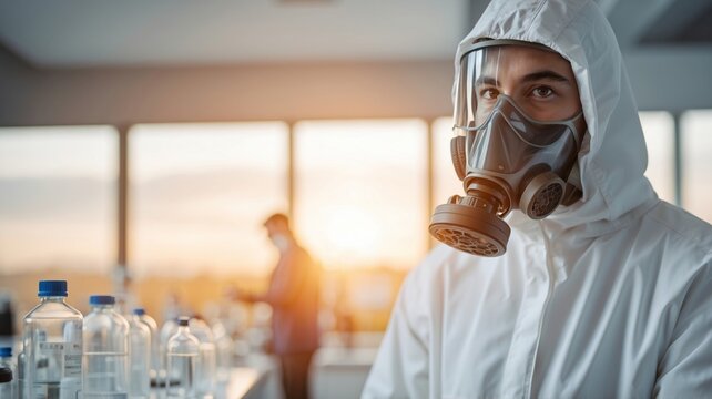 Scientist works in laboratory wearing protective gear during sunset hours