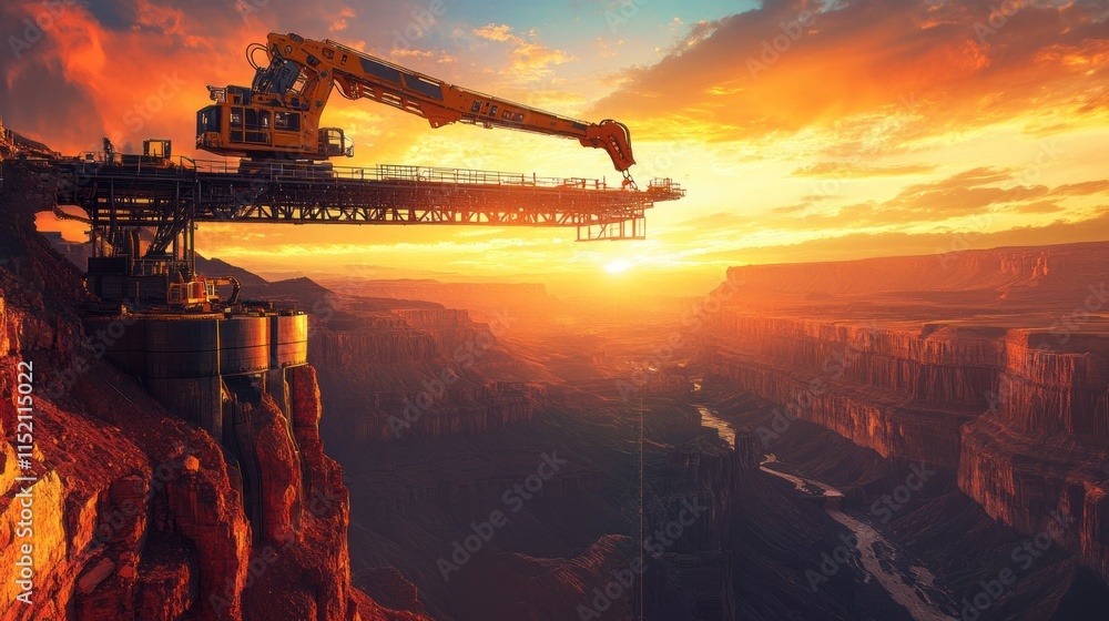 Poster a robot crane with automatic control system, building a bridge over the sunset canyon, background wa