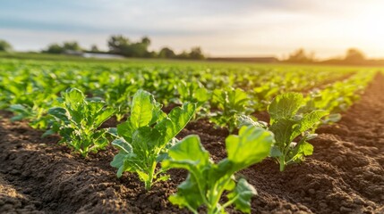 Fresh Greens in a Serene Farming Scene at Sunset
