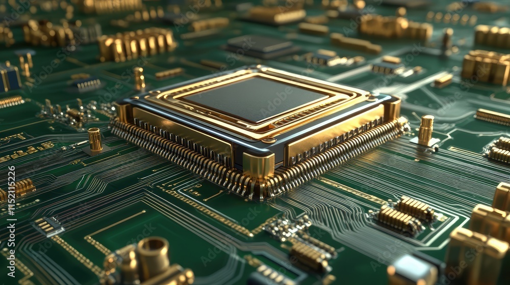 Poster a detailed view of a microchip circuit with gold-plated connectors and finely etched pathways on a g