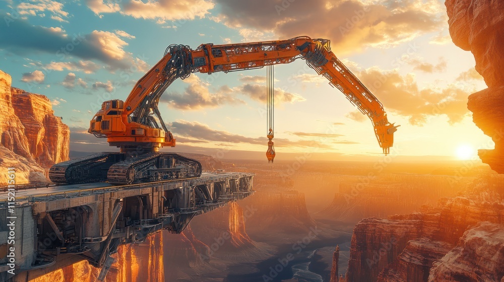 Poster a robot crane with automatic control system, building a bridge over the sunset canyon, background wa