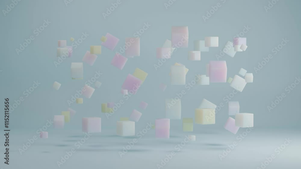 Poster looping 3d animation of an array of multicolored cubes that change size and rotate randomly. abstrac