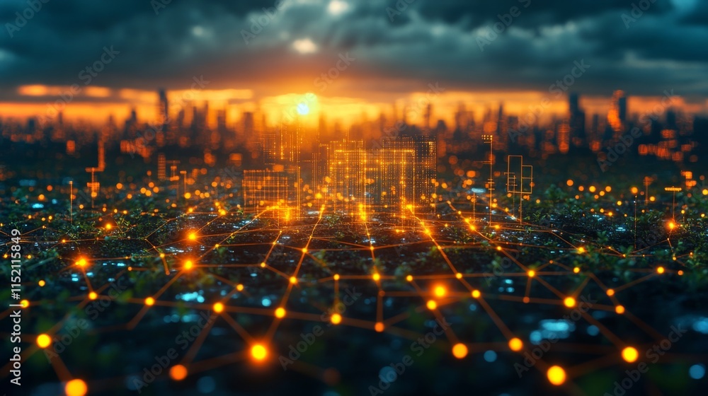 Poster a vibrant sunset casts a warm glow over a futuristic city, with illuminated digital connections form
