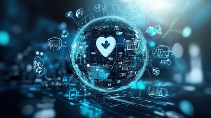 Global healthcare network, digital heart icon on a digital globe.