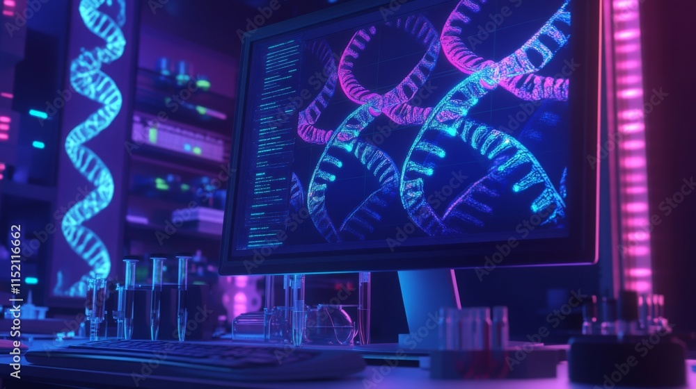 Poster A computer screen displays dynamic graphics of DNA strands, highlighted in vivid colors.