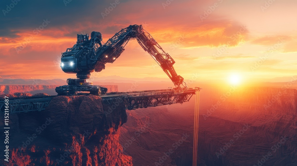 Poster a robot crane with automatic control system, building a bridge over the sunset canyon, background wa