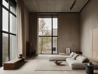 Fototapeta premium Modern Minimalist Living Room with Large Windows 