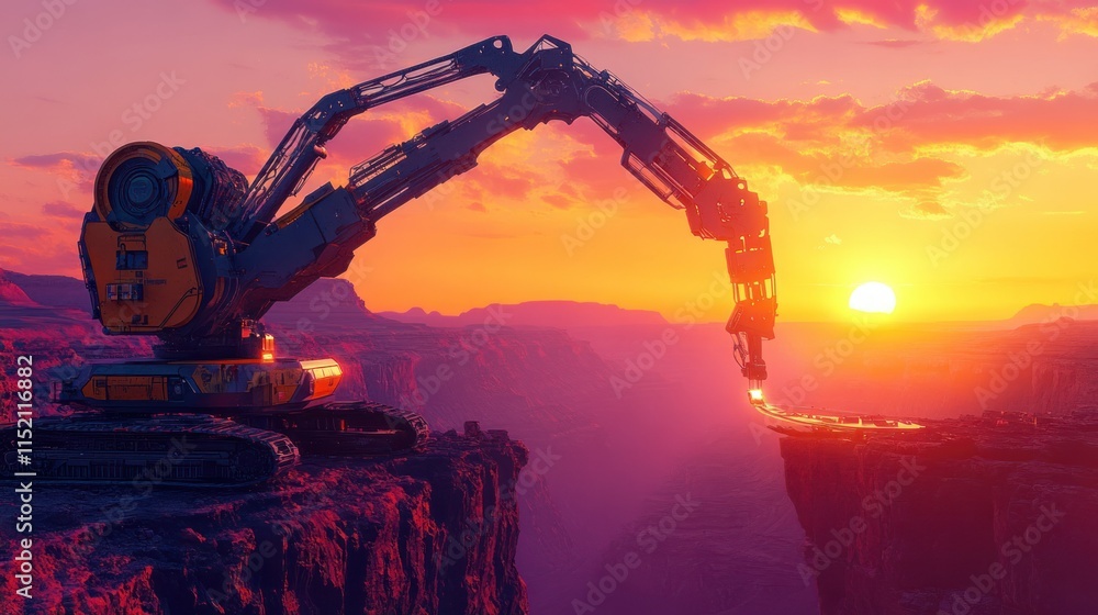 Poster a robot crane with automatic control system, building a bridge over the sunset canyon, background wa