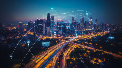 Obraz premium Smart digital city with connection cyber security network reciprocity over the cityscape . future smart wireless digital city and social media networking systems that connects people within the city