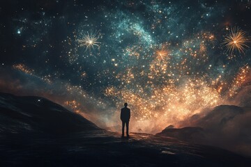 Fototapeta premium Man Silhouetted Against A Starry Night Sky With Fireworks