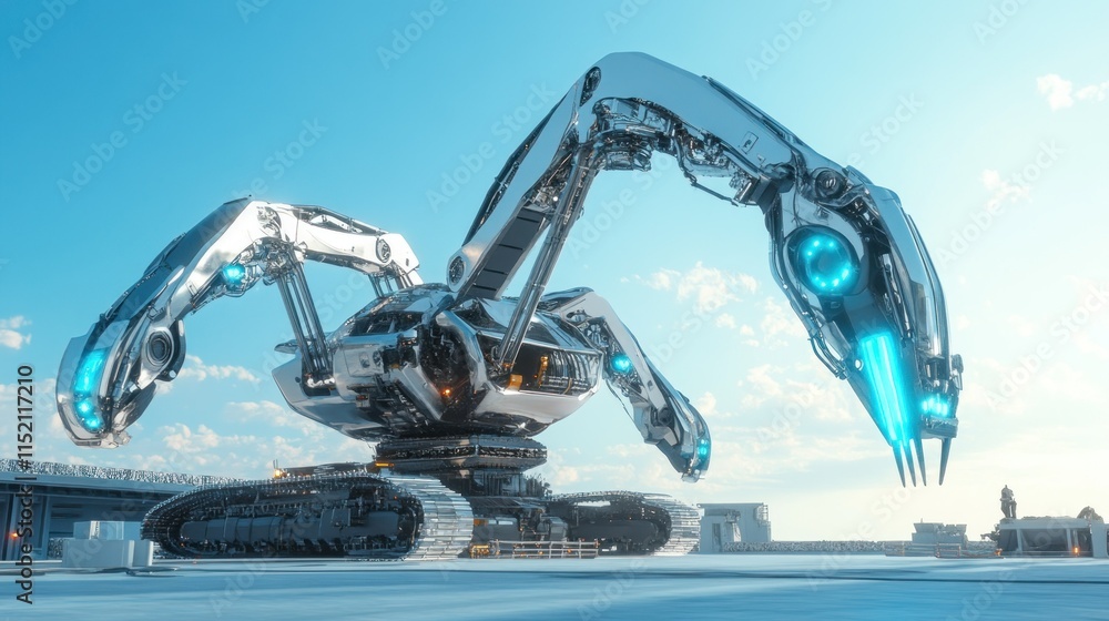 Poster a robotic crane with a metallic design equipped with several arms operates on a high-tech constructi