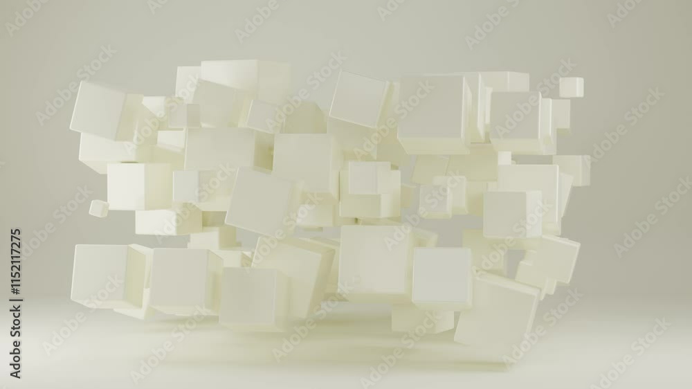 Poster looping 3d animation of an array of cubes that change size and rotate periodically in space. abstrac