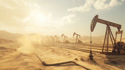 Fototapeta premium A vast oil field in the barren desert. Rows of oil pumps suck crude oil from the ground, background wallpaper AI generated image