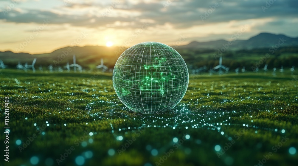 Poster a translucent globe with green digital patterns sits on a lush green field. wind turbines are visibl
