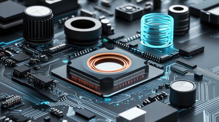 A futuristic 3D microchip concept with modular components, emphasizing scalability and advanced design features