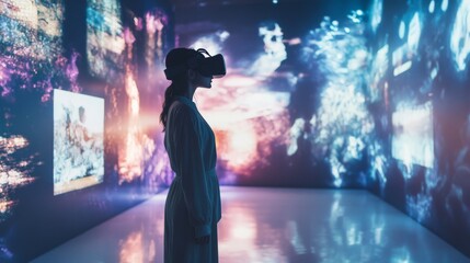 Immersive virtual reality experience in futuristic art gallery