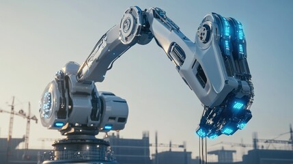 Fototapeta premium A robotic crane with a metallic design equipped with several arms operates on a high-tech construction site. background wallpaper AI generated image