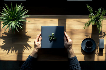 A minimalist shot of hands holding a square gift box wrapped in textured paper with a bow, celebrating New Year’s spirit. The lighting adds a warm and inviting atmosphere.